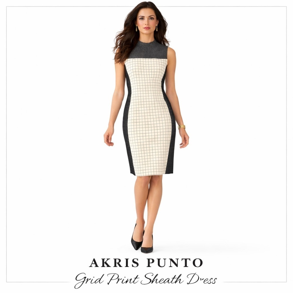 Akris Punto Cream and Black Grid Midi Dress Like New Size 2